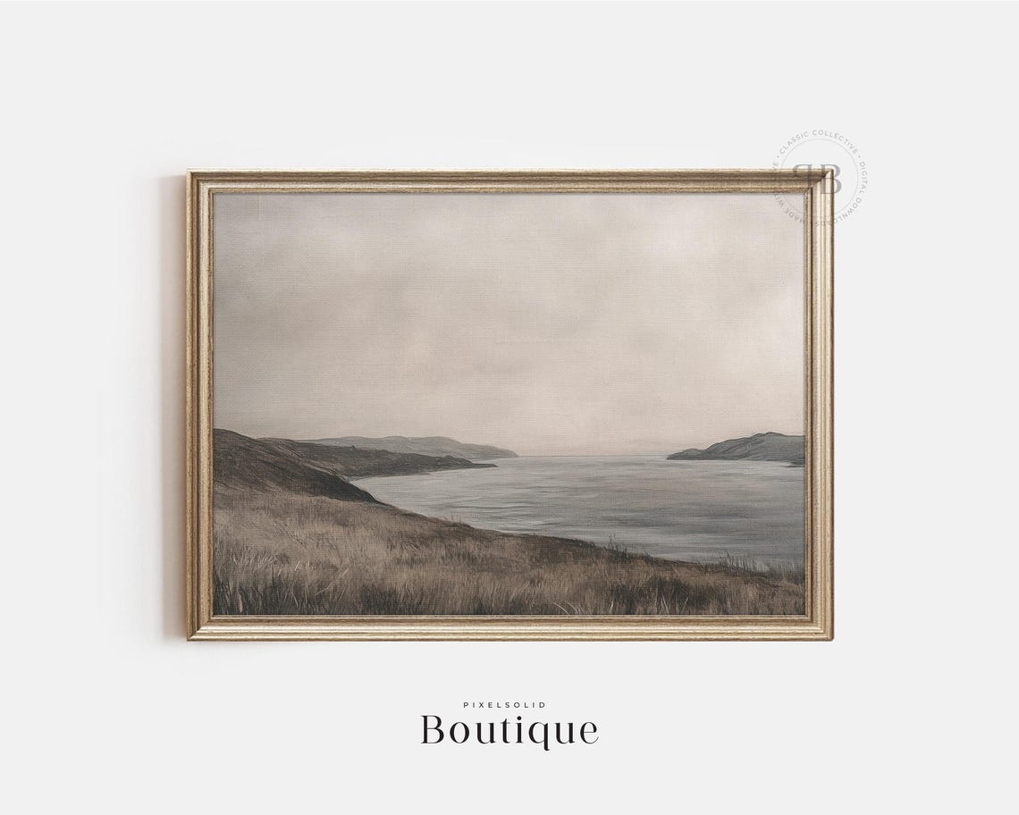 Misty Coastal Landscape Neutral Seascape Vintage Style Ocean Poster