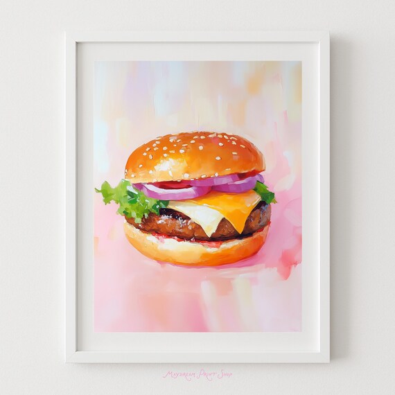 Cheeseburger Pop Art Painting Pink Background Food Lover Poster