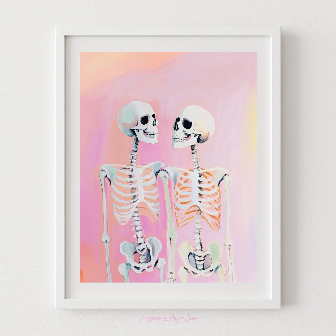 Skeleton Lovers Artwork Pink Halloween Decor Spooky Love Wall Art Pastel Gothic Couple Colorful Fall Print