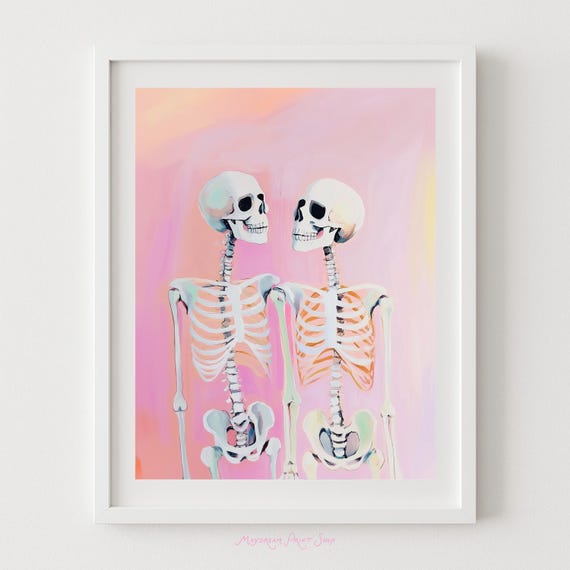 Skeleton Lovers Artwork Pink Halloween Decor Spooky Love Wall Art Pastel Gothic Couple Colorful Fall Print