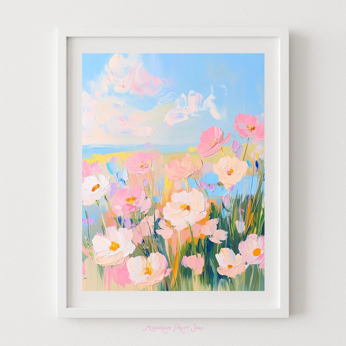 Pink And Blue Pastel Wildflower Meadow Impressionist Floral Print