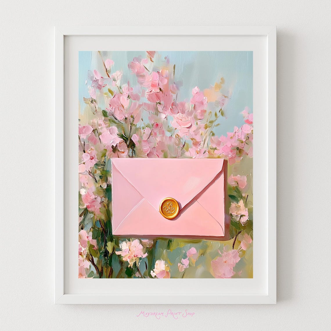 Pink Envelope Gold Wax Seal Among Cherry Blossoms Art Poster