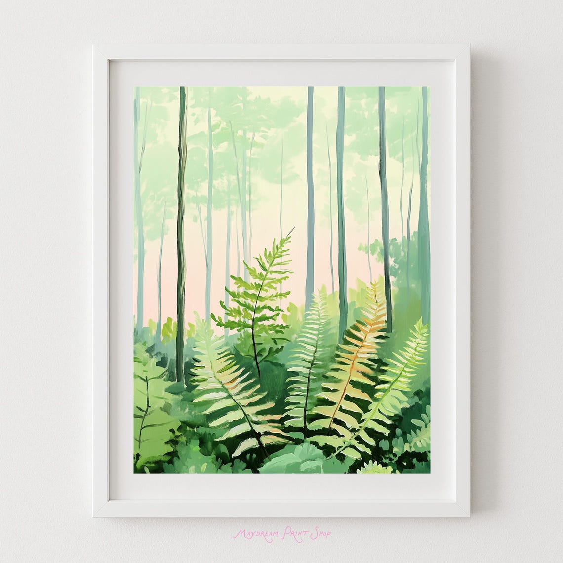 Green Ferns on a Misty Forest Floor Botanical Nature Art Print