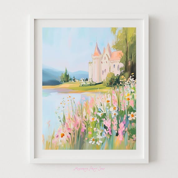 Storybook Castle Art Print Fairytale Landscape Painting Whimsical Flower Meadow Instant Floral Chateau Poster