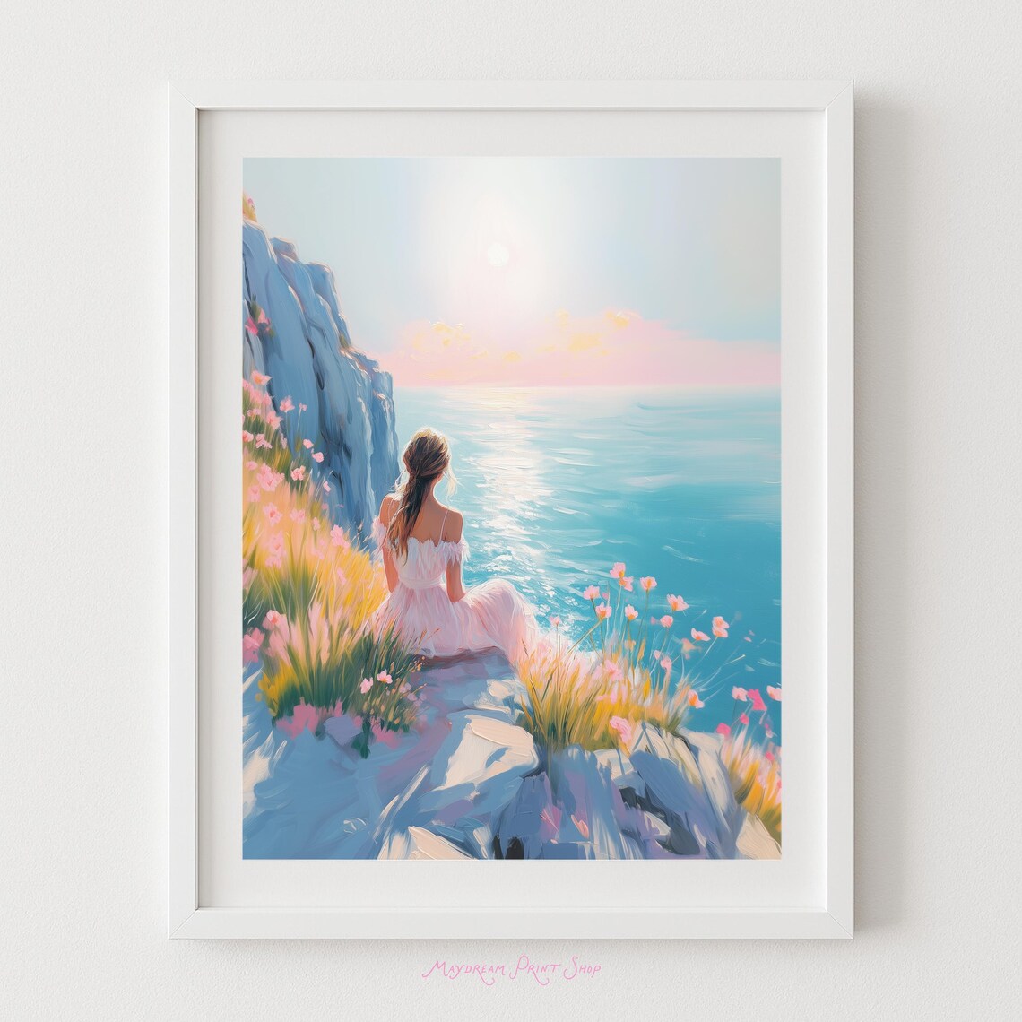 Woman In Pink Dress Sitting On Ocean Cliff At Sunset Dreamy Art Poster