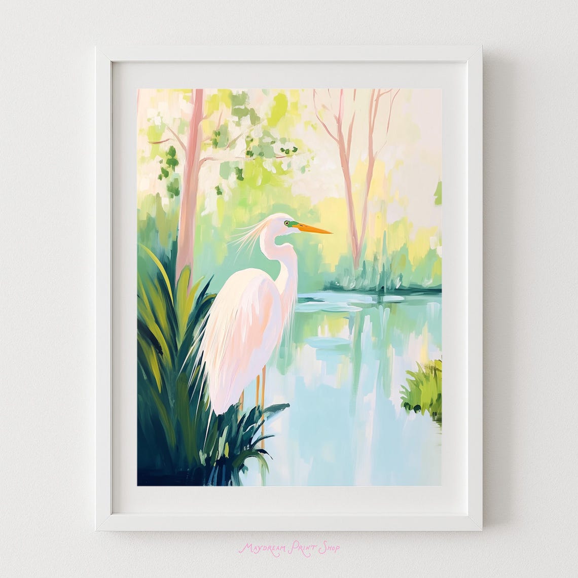 Southern White Egret Wetland Pastel Wildlife Bird Painting Print