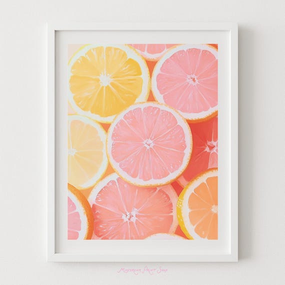 Citrus Slices Wall Art Vibrant Kitchen Fruit Print Grapefruit Oranges Lemons Pink Peach And Yellow Home Decor Summer Food