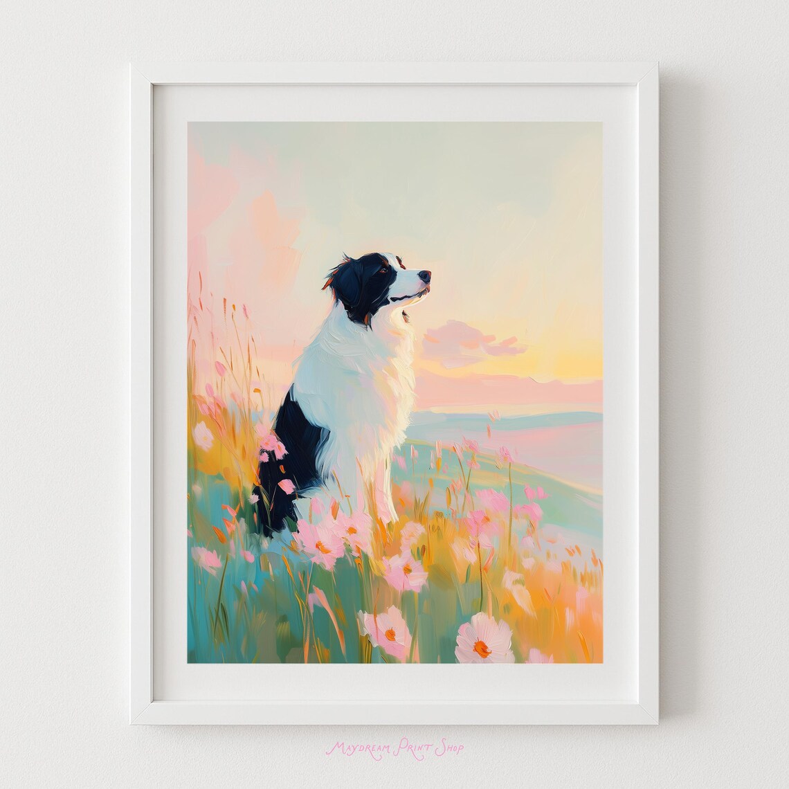 Border Collie in Flower Field Sunset Dog Painting Art Poster