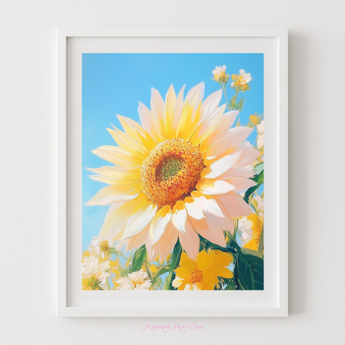 Bright Sunflower Bloom Against Blue Sky Floral Painting Wall Art
