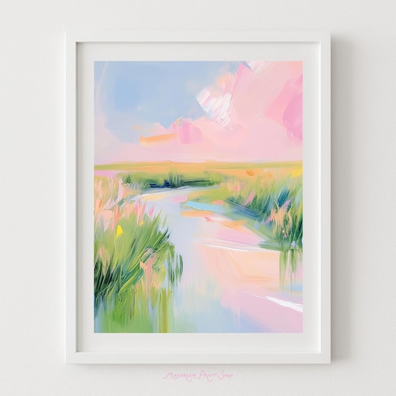 Pastel Wetland Marsh Landscape Pink Clouds Modern Art Poster