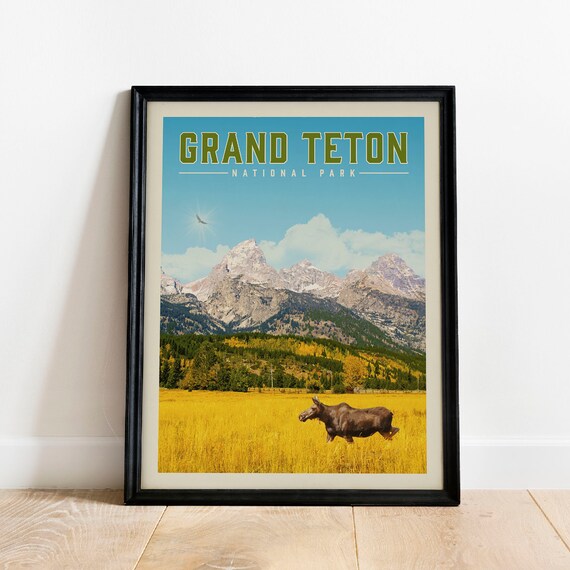 Grand Teton National Park Golden Moose Meadow Mountain Travel Poster