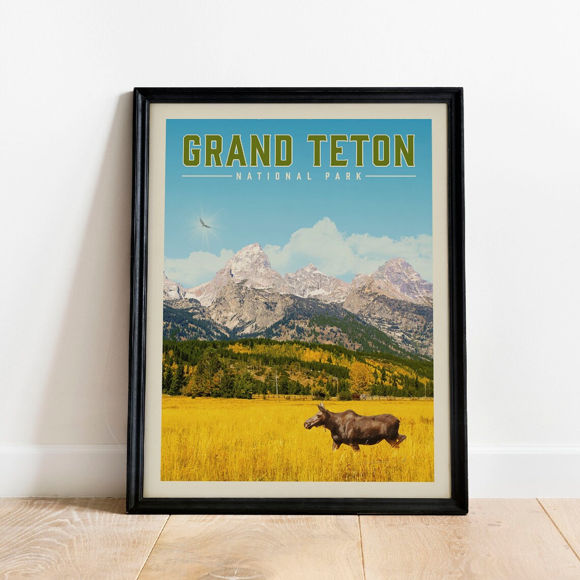 Grand Teton National Park Golden Moose Meadow Mountain Travel Poster