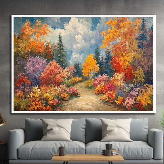 Autumn Forest Path Colorful Fall Foliage Sunlit Trail Impasto Art Poster