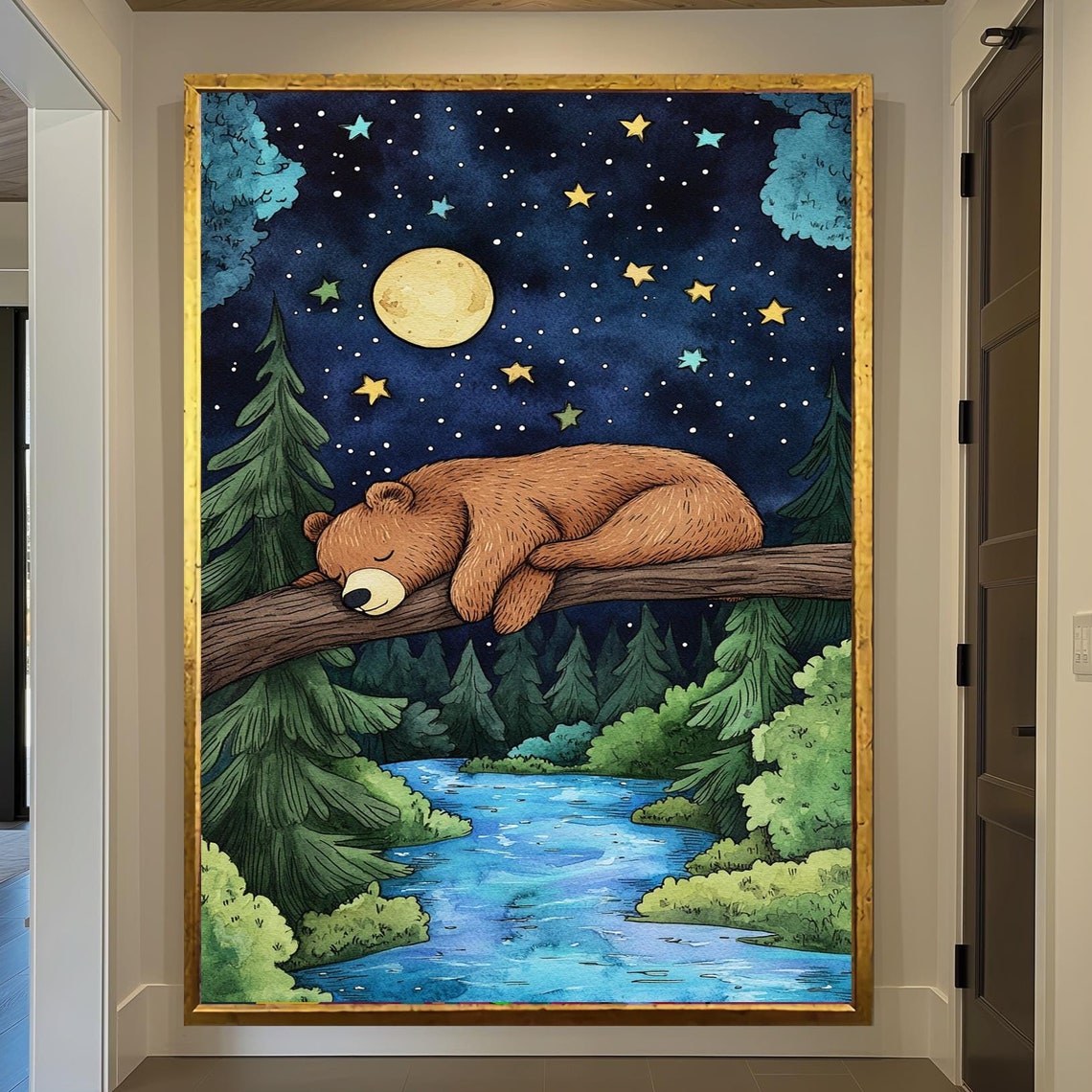 Sleeping Bear Under Moonlit Forest Night Sky Nursery Art Print