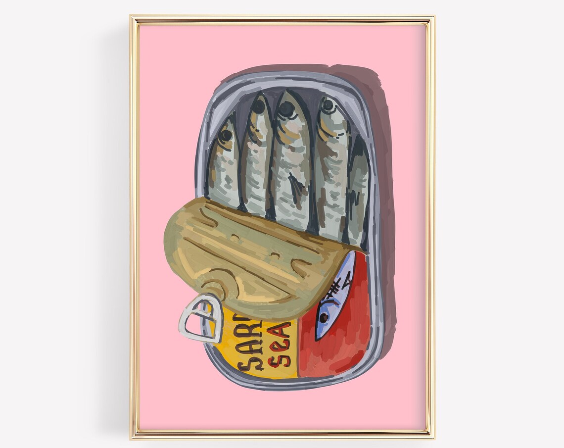 Sardine Tin Illustration Pink Background Seafood Kitchen Art Poster