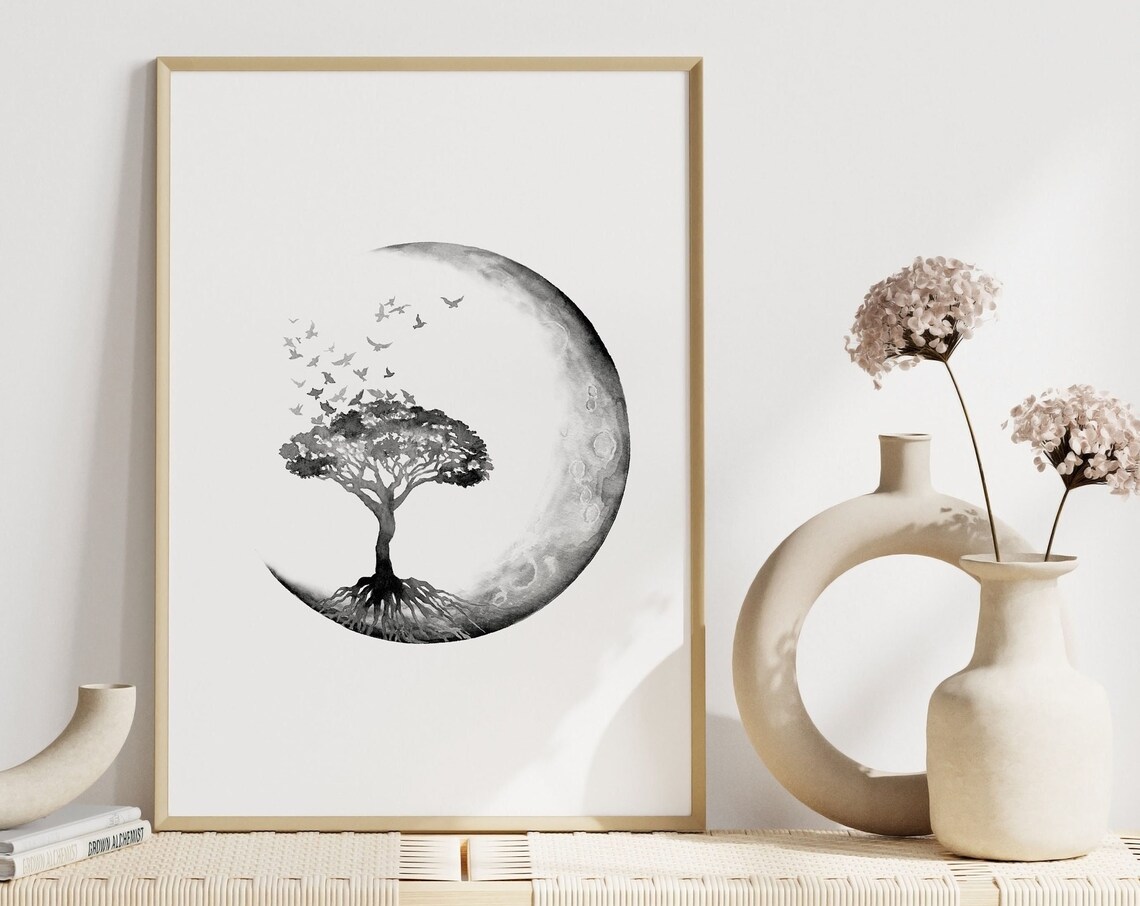 Tree Of Life With Moon And Birds Black Watercolor Spiritual Print - Image 3