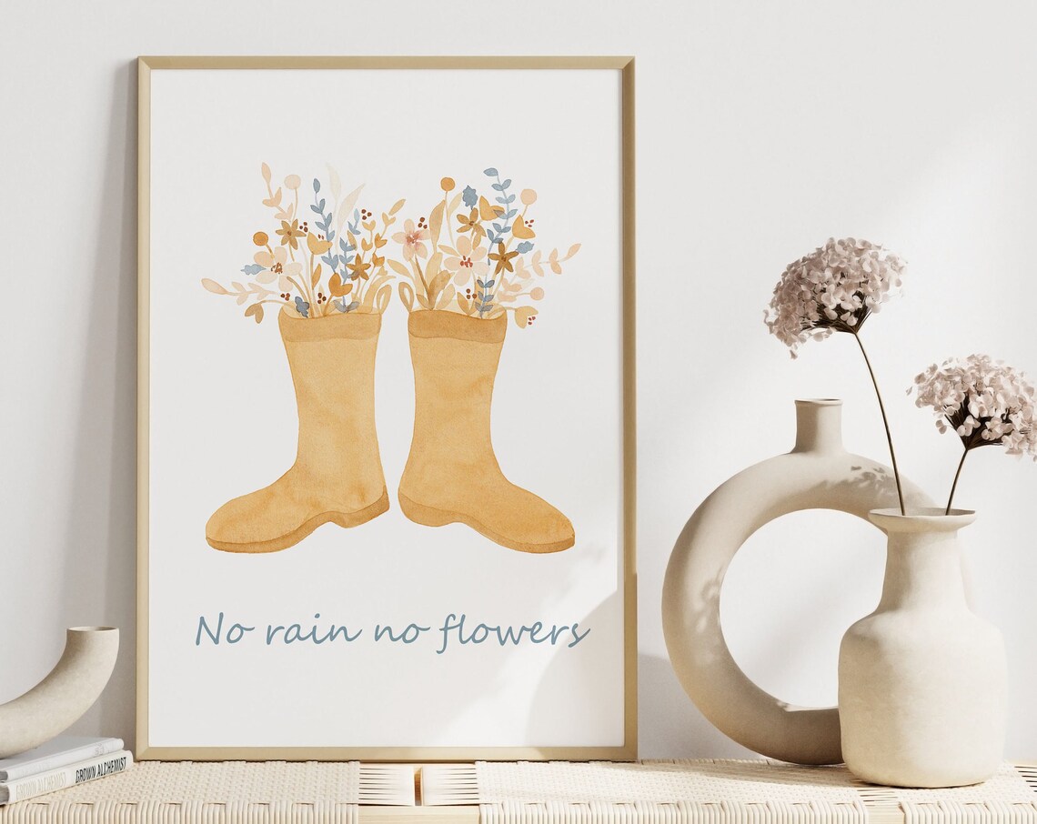 No Rain No Flowers Quote Poster with Yellow Rain Boots and Blooms