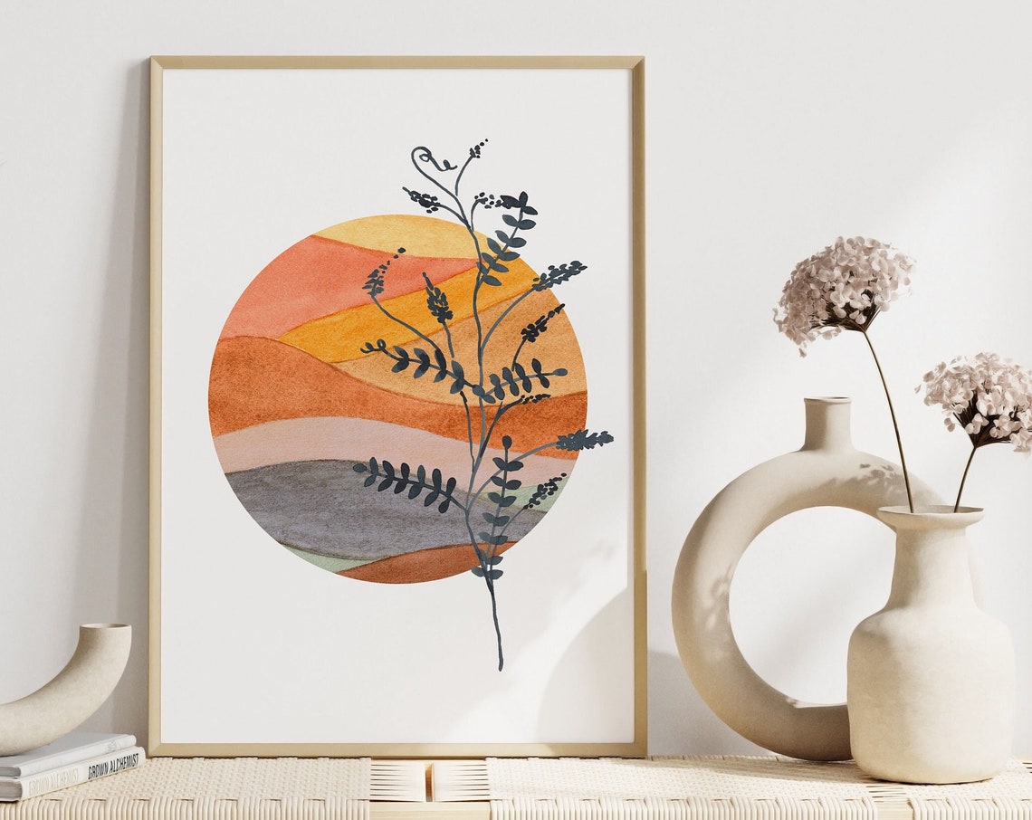 Boho Abstract Terracotta Sunset Circle Botanical Branch Poster