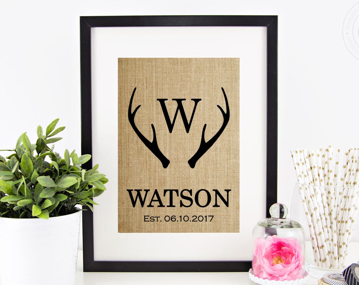 Watson Family W Monogram Deer Antlers Est. 2017 Woodland Rustic Poster