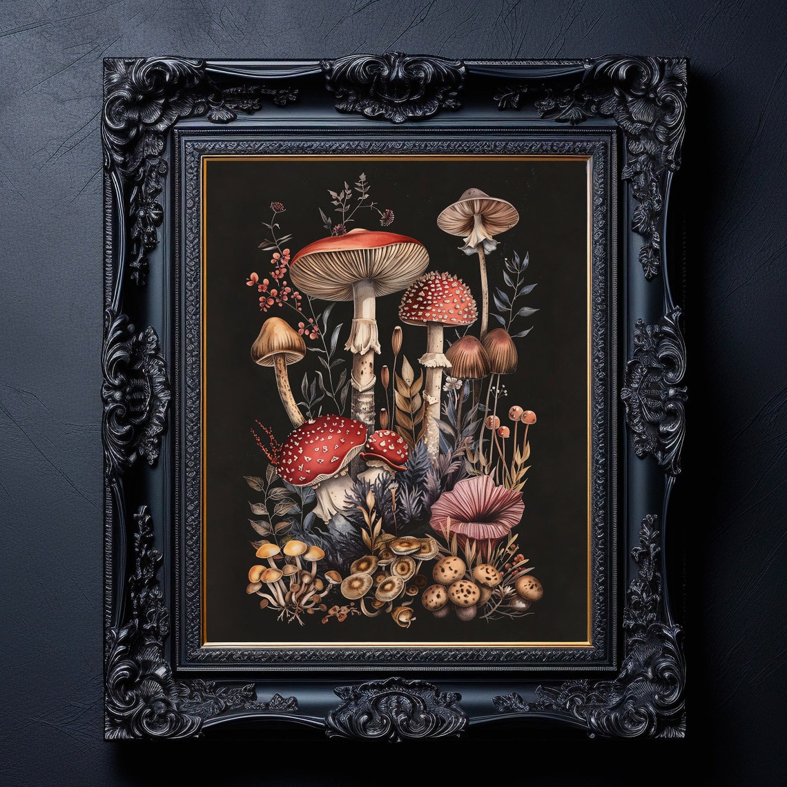 Dark Botanical Mushroom Illustration Gothic Cottagecore Nature Poster