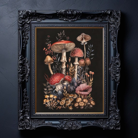Mushrooms Print Botanical Art Poster Cottage Core Wall Dark Gothic Decor