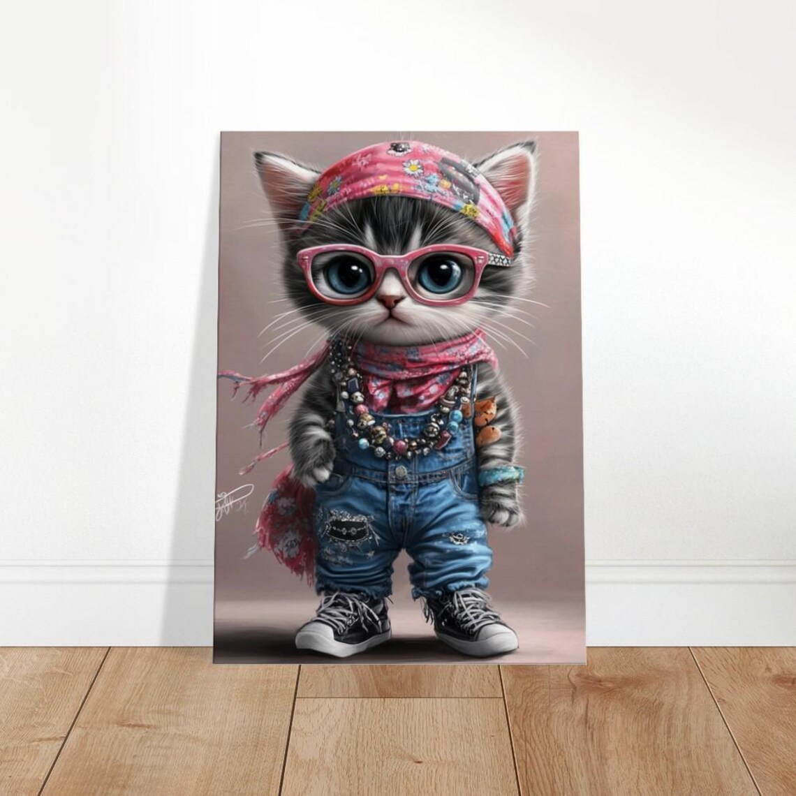 Bohemian Kitten Pink Glasses Bandana Denim Overalls Quirky Poster