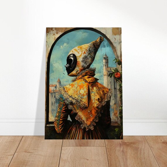 Venetian Carnival Mask Figure Window Old Town Vintage Painting Print