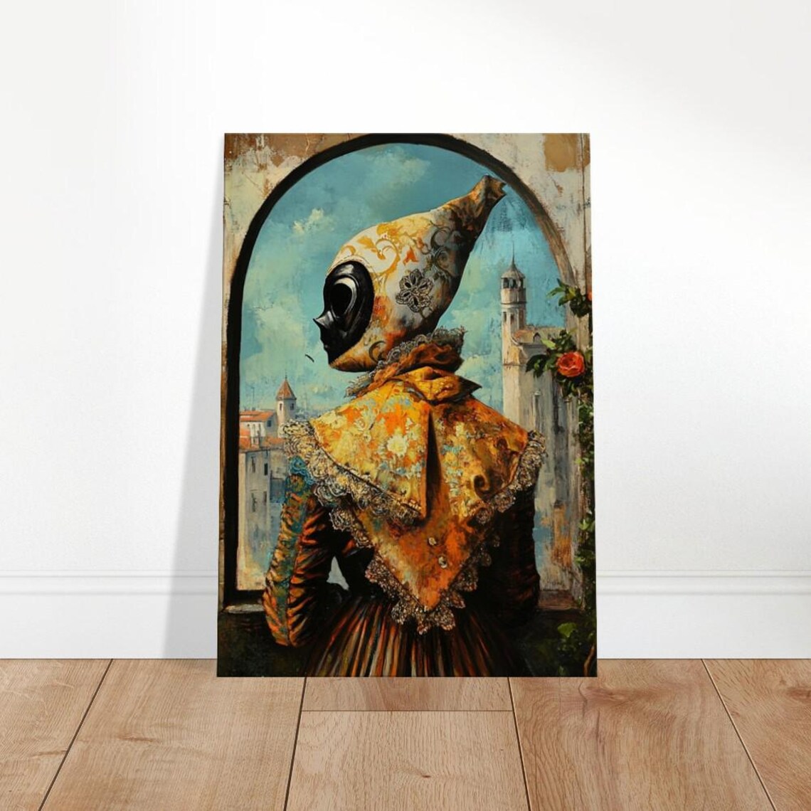 Venetian Carnival Mask Figure Window Old Town Vintage Painting Print