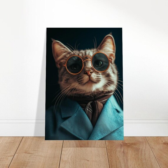 Dapper Cat In Suit Round Sunglasses Striped Tie Funny Feline Art Poster