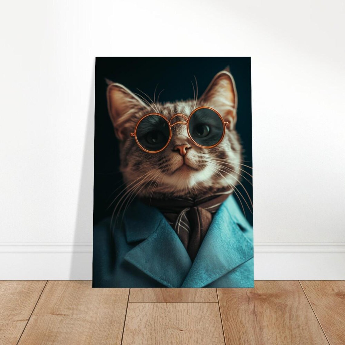 Dapper Cat In Suit Round Sunglasses Striped Tie Funny Feline Art Poster