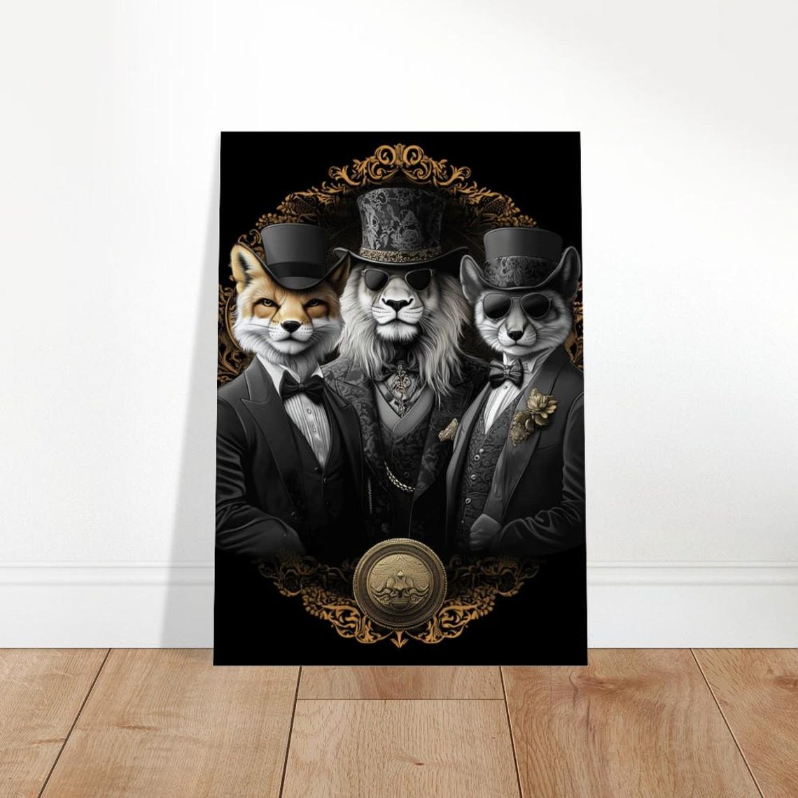 Dapper Lion Fox Cat Gentlemen Suits Poster Black Gold Animal Portrait