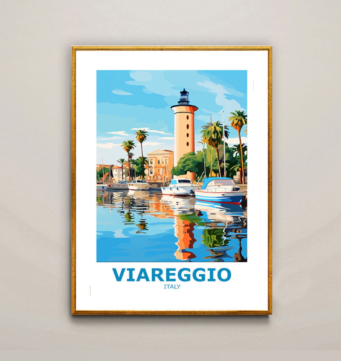 Viareggio Italy Lighthouse Marina Sailboats Palm Trees Coastal Travel Poster - Image 2