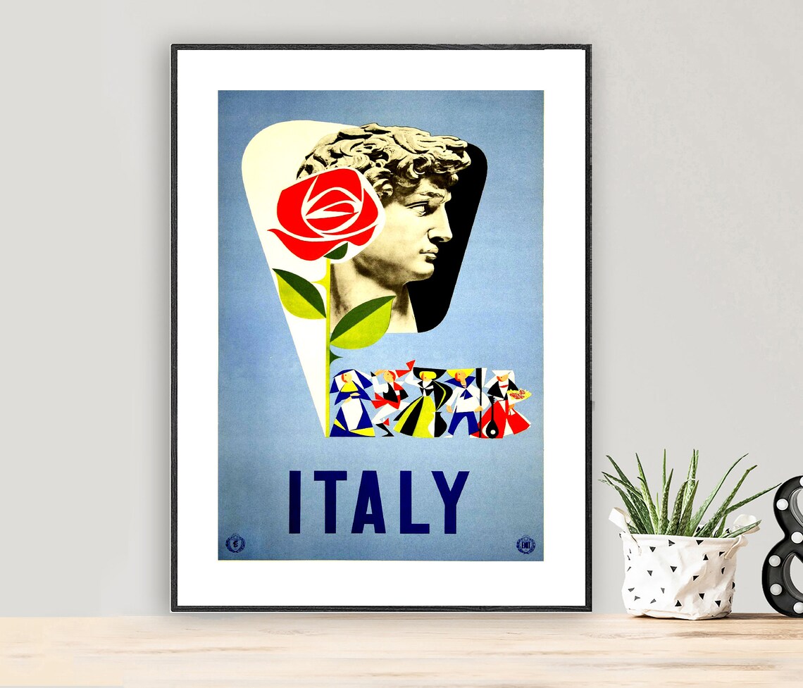 Italy Michelangelo David Statue Red Rose Vintage Classic Art Poster