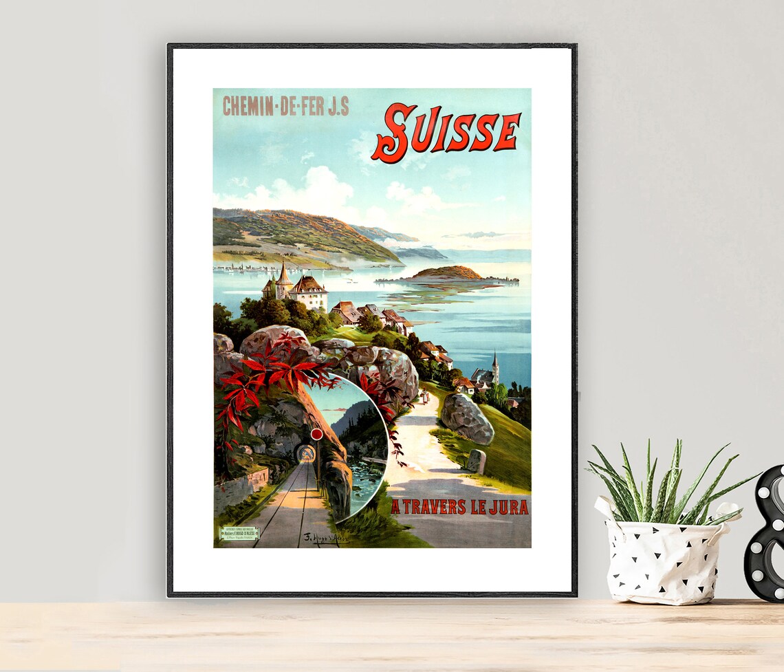Vintage Suisse Jura Railway Poster Swiss Lake Mountain Travel Art
