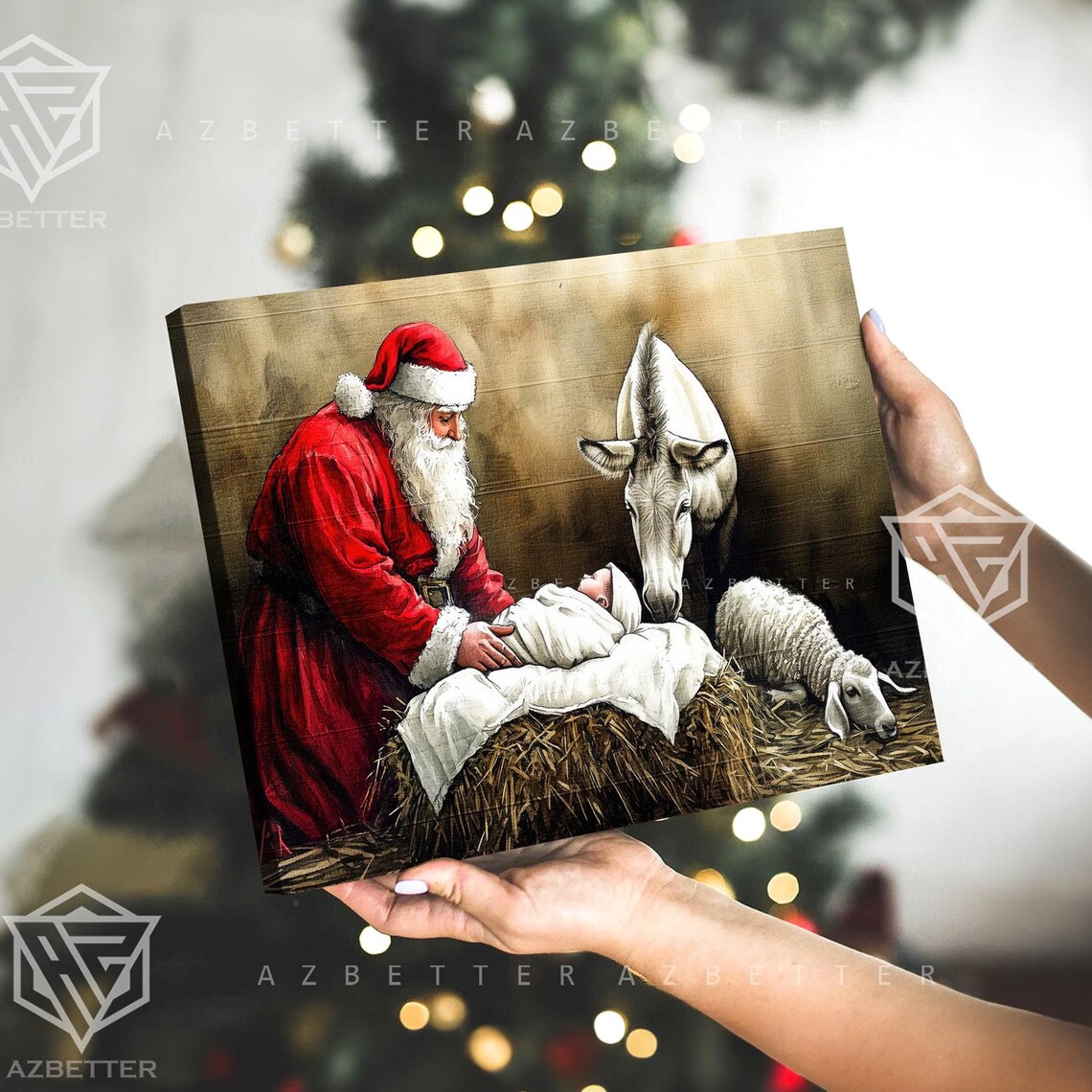 Santa With Swaddled Baby Jesus Donkey and Lamb Stable Scene Poster