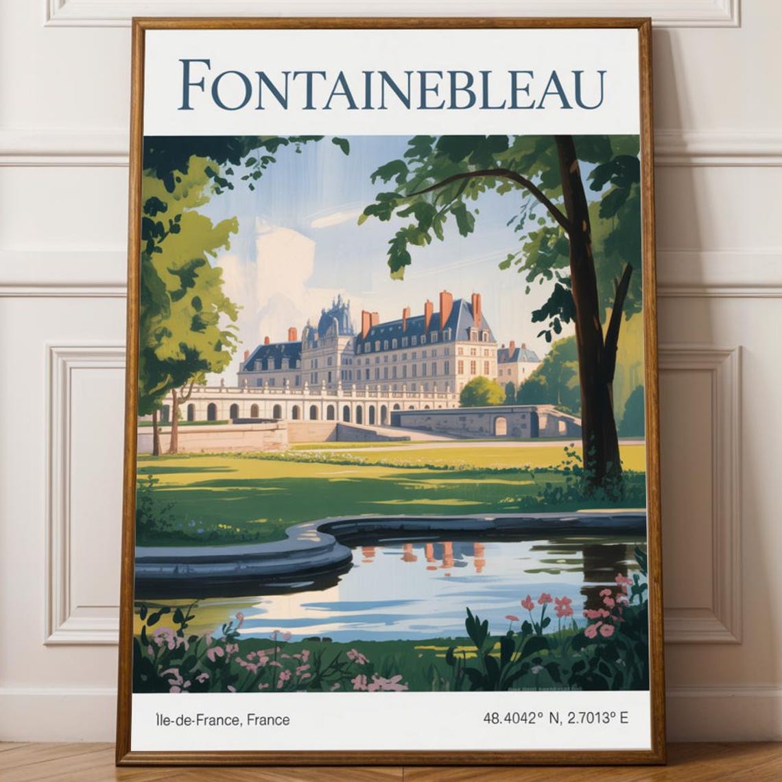Fontainebleau Chateau Poster Green And Blue French Landscape Contemporary Travel Art Print Painting Wall Decor
