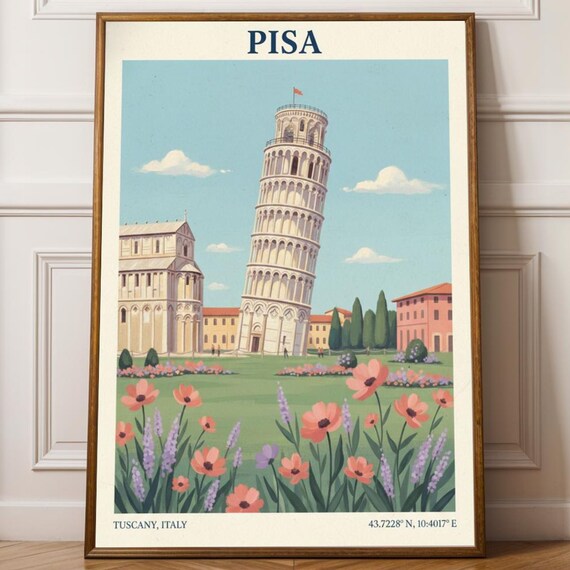 Pisa Leaning Tower Tuscany Italy Vintage Travel Poster Floral Illustration