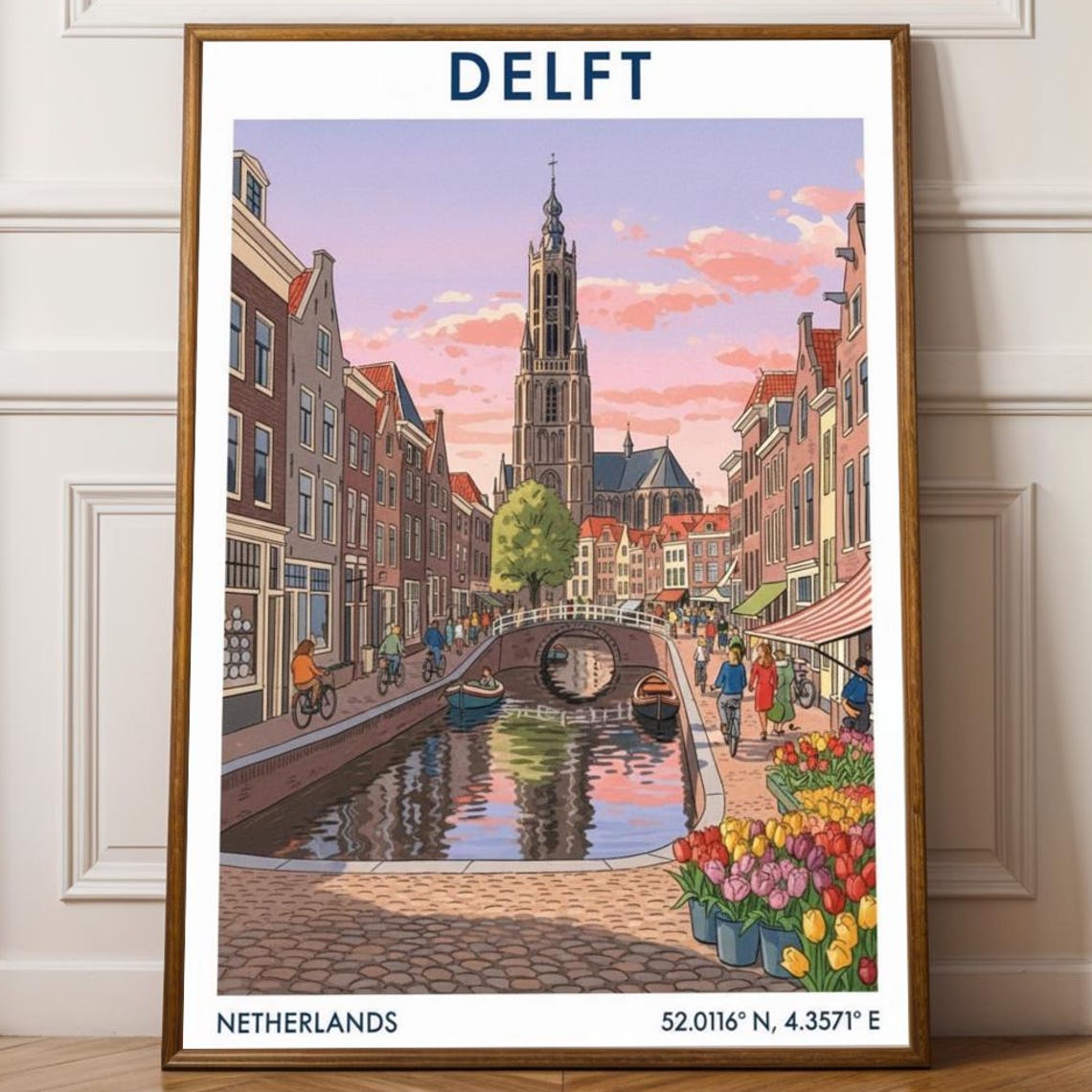 Delft Netherlands Vintage Travel Poster Canal Church Tulips Scene Art