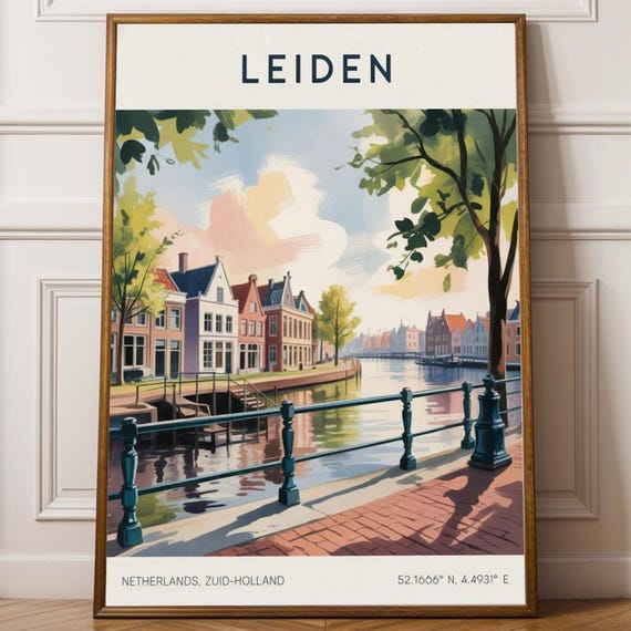 Leiden Canal Scene And Blue Teal Dutch Cityscape Wall Art Print House For Travel Lovers Home Decor Gift Buyers