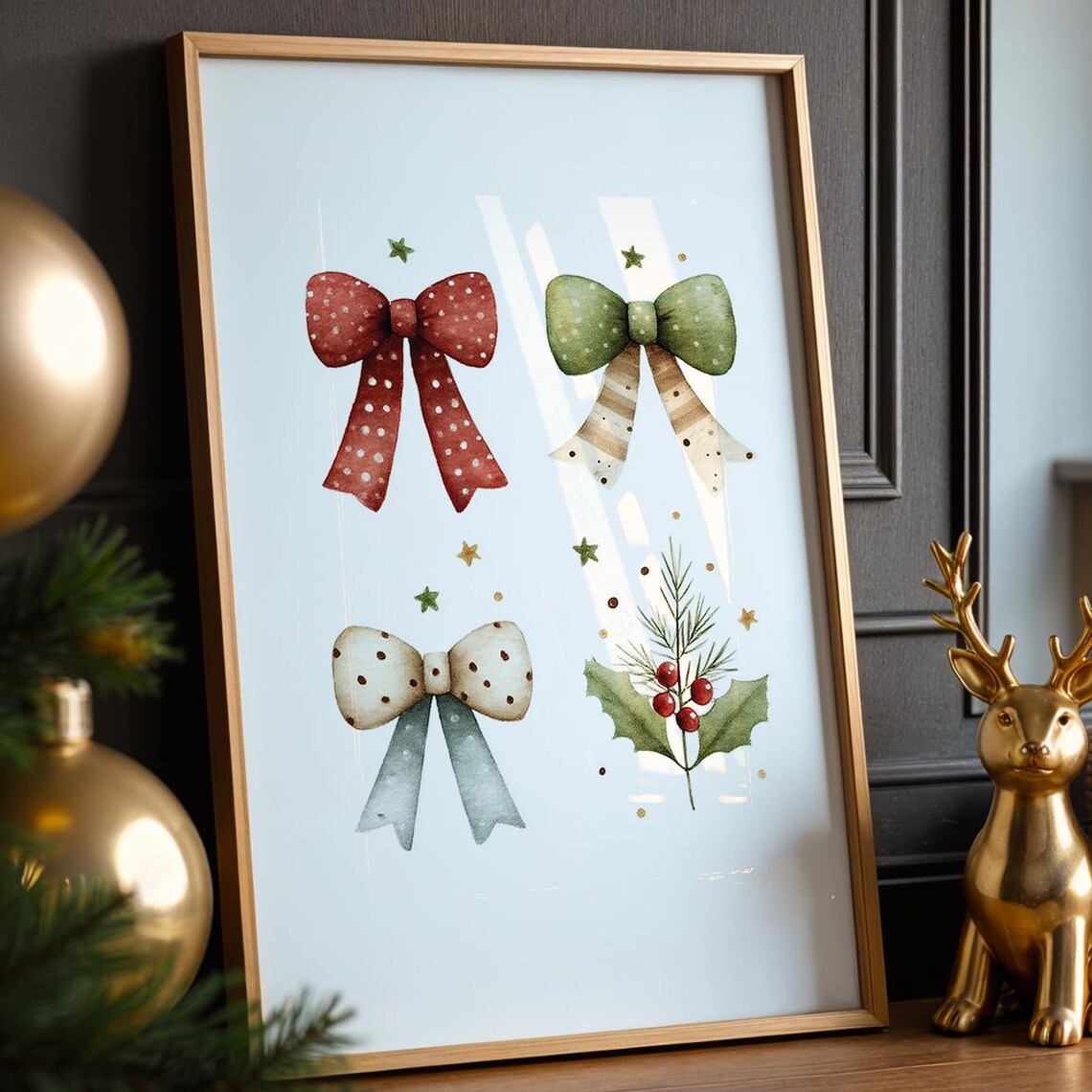 Christmas Bows Watercolor Festive Holiday Ribbon and Holly Poster