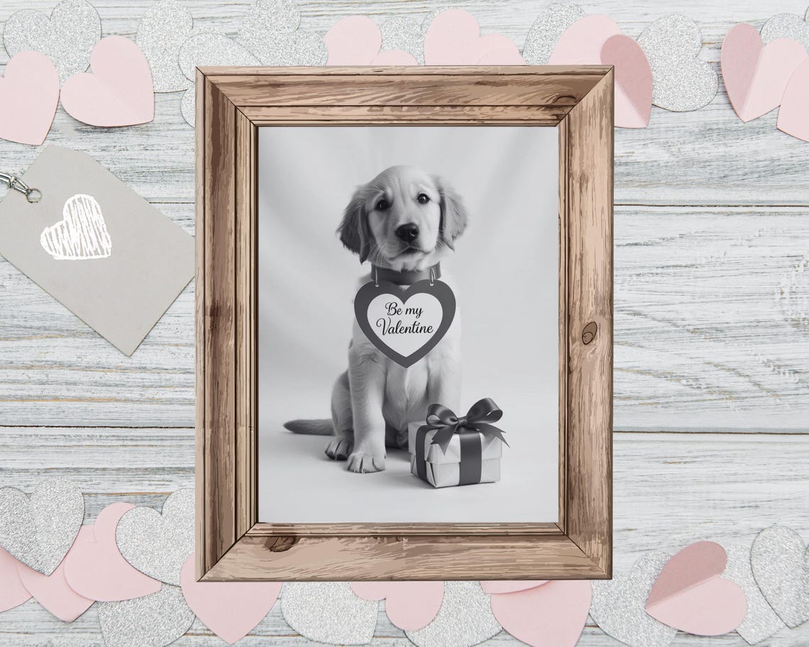 Puppy with Be My Valentine Heart Tag and Gift Box Funny Poster