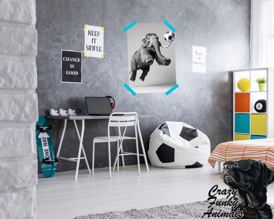 Young Elephant Juggling a Soccer Ball on Its Tusk Funny Sports Poster - Image 2