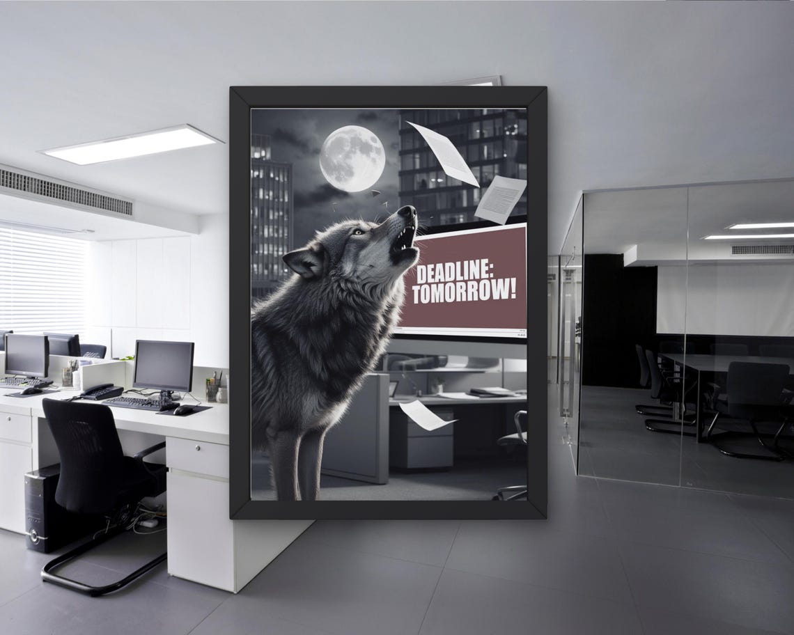 Funny Wolf Howling DEADLINE TOMORROW Office Stress Humor Poster - Image 3