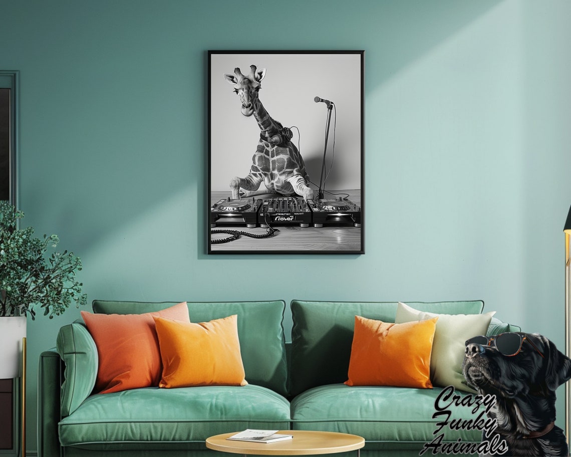 Giraffe DJ at Turntables With a Microphone Funny Music Poster - Image 2