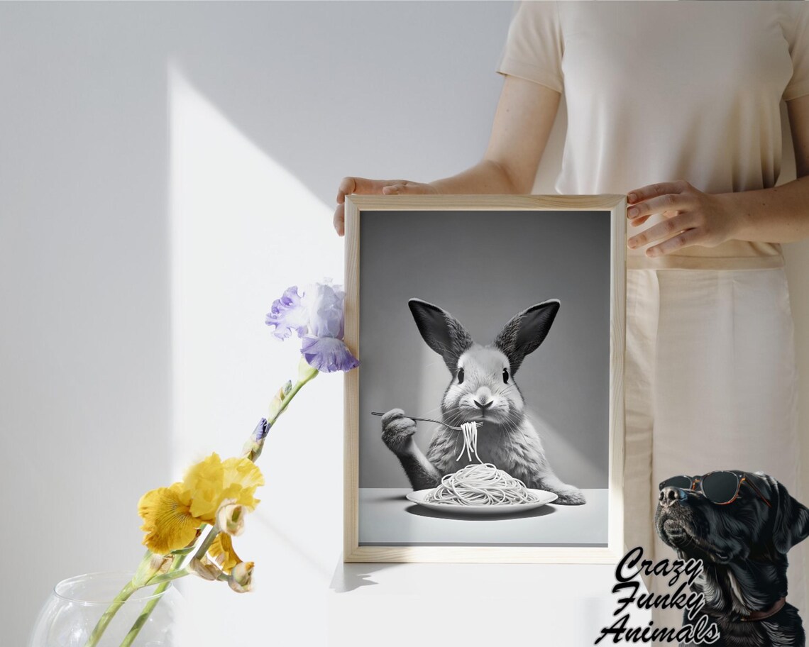 Rabbit Eating Spaghetti with a Fork Funny Kitchen Black and White Poster - Image 3
