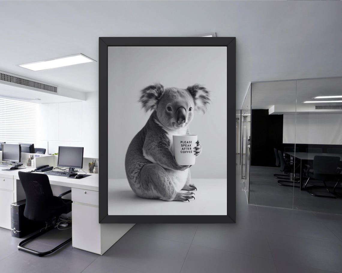 Koala Holding a Please Speak After Coffee Mug Funny Office Poster - Image 3