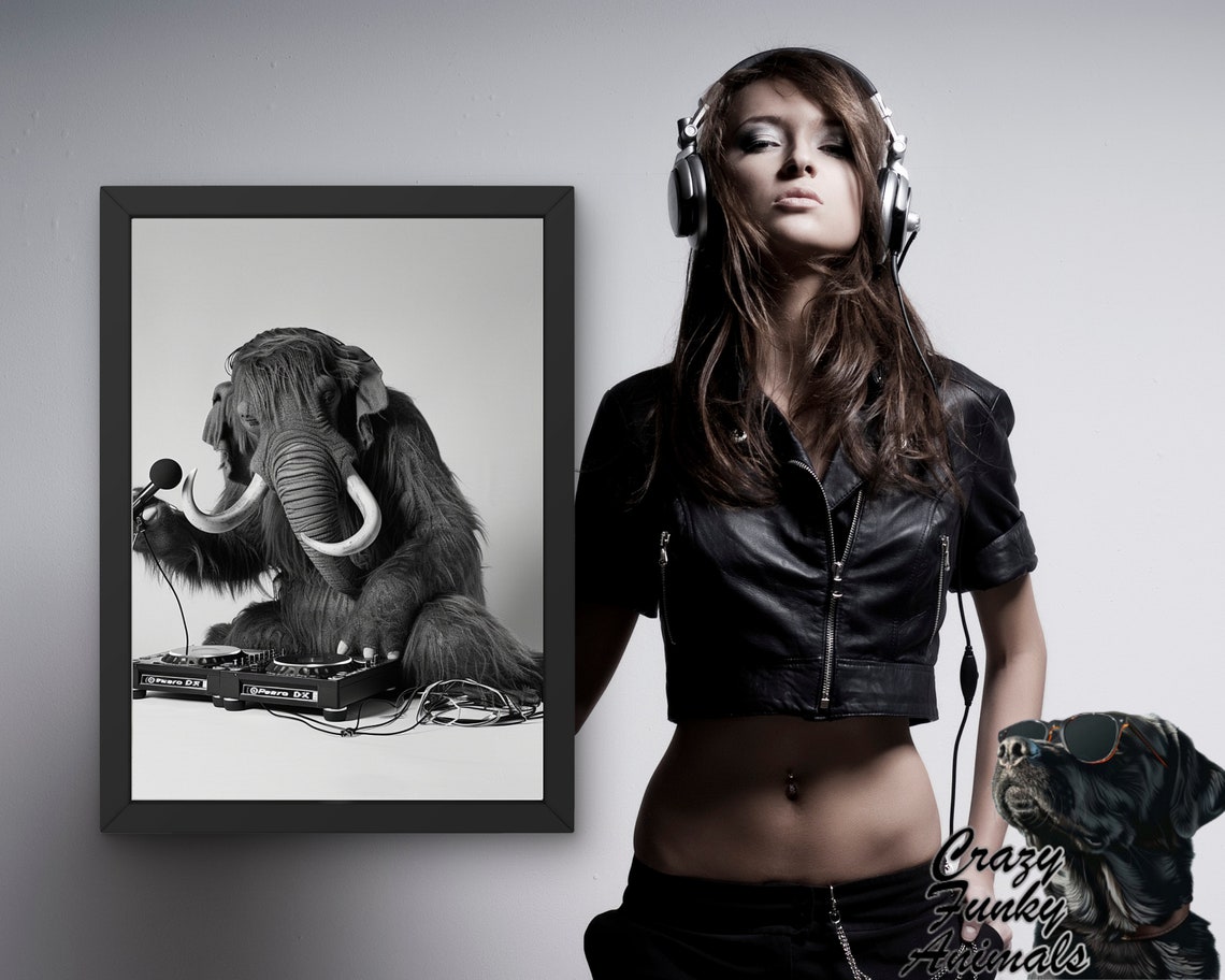 Woolly Mammoth DJ with Turntables and a Microphone Funny Music Poster - Image 3
