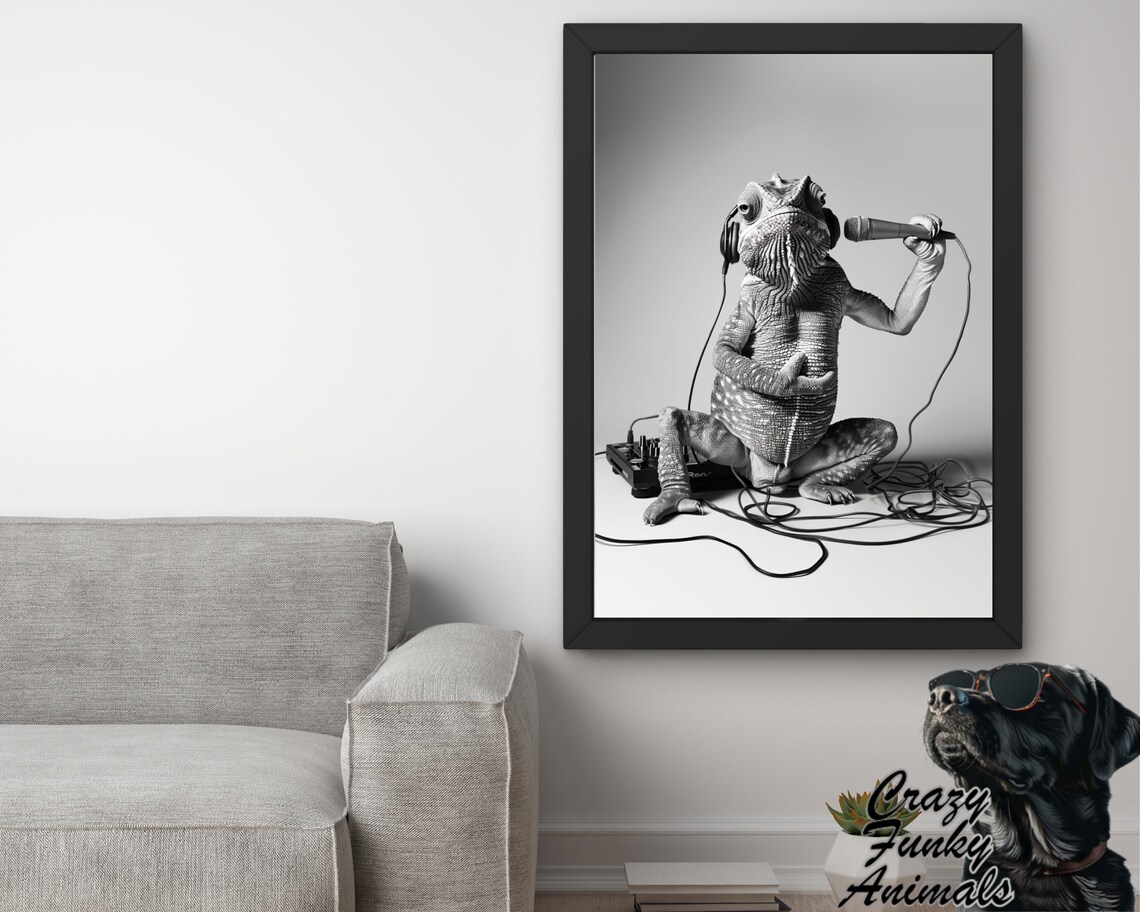 Chameleon DJ with Headphones Microphone and Mixer Funny Music Poster - Image 2