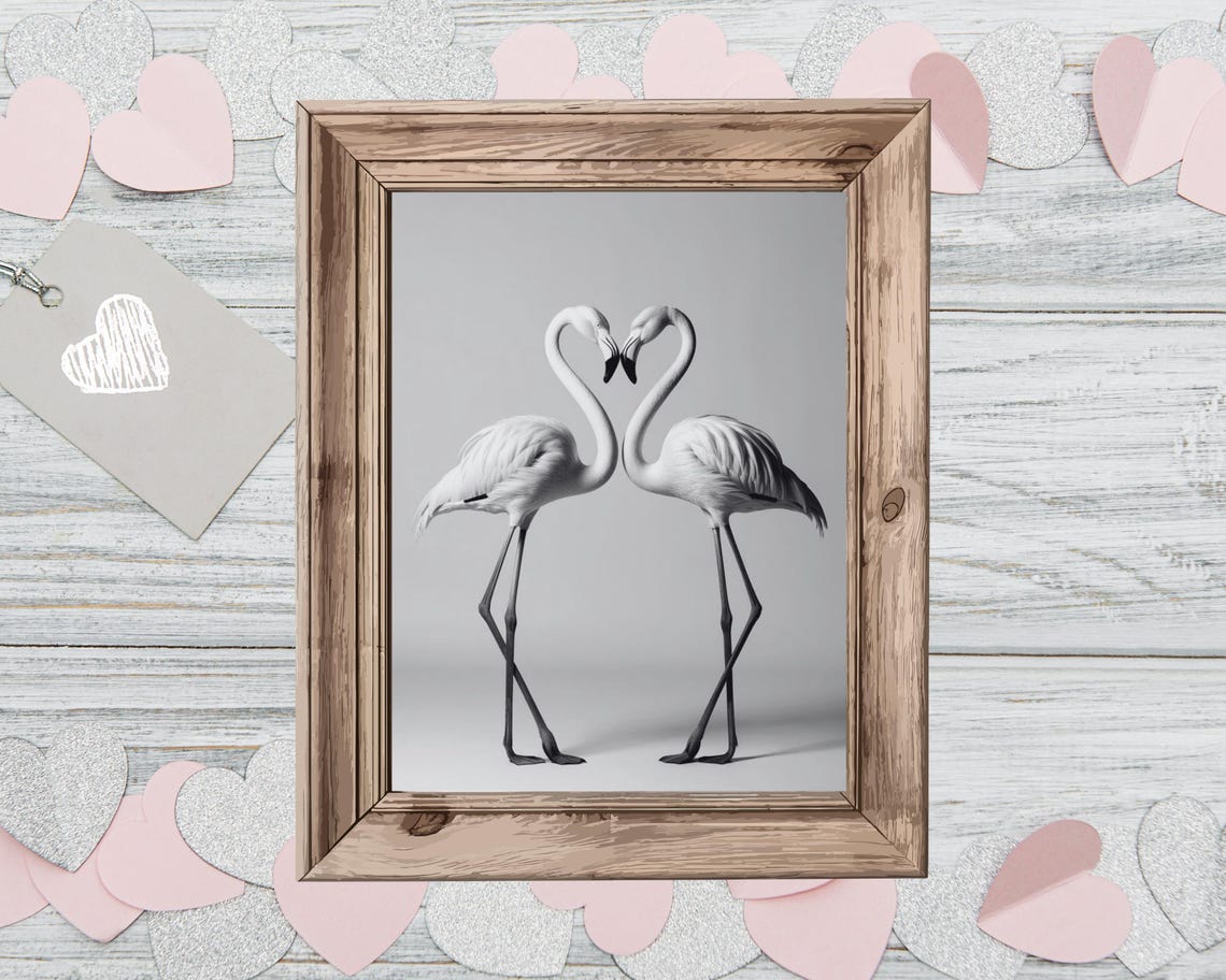 Two Flamingos Forming a Heart Shape Romantic Black and White Poster