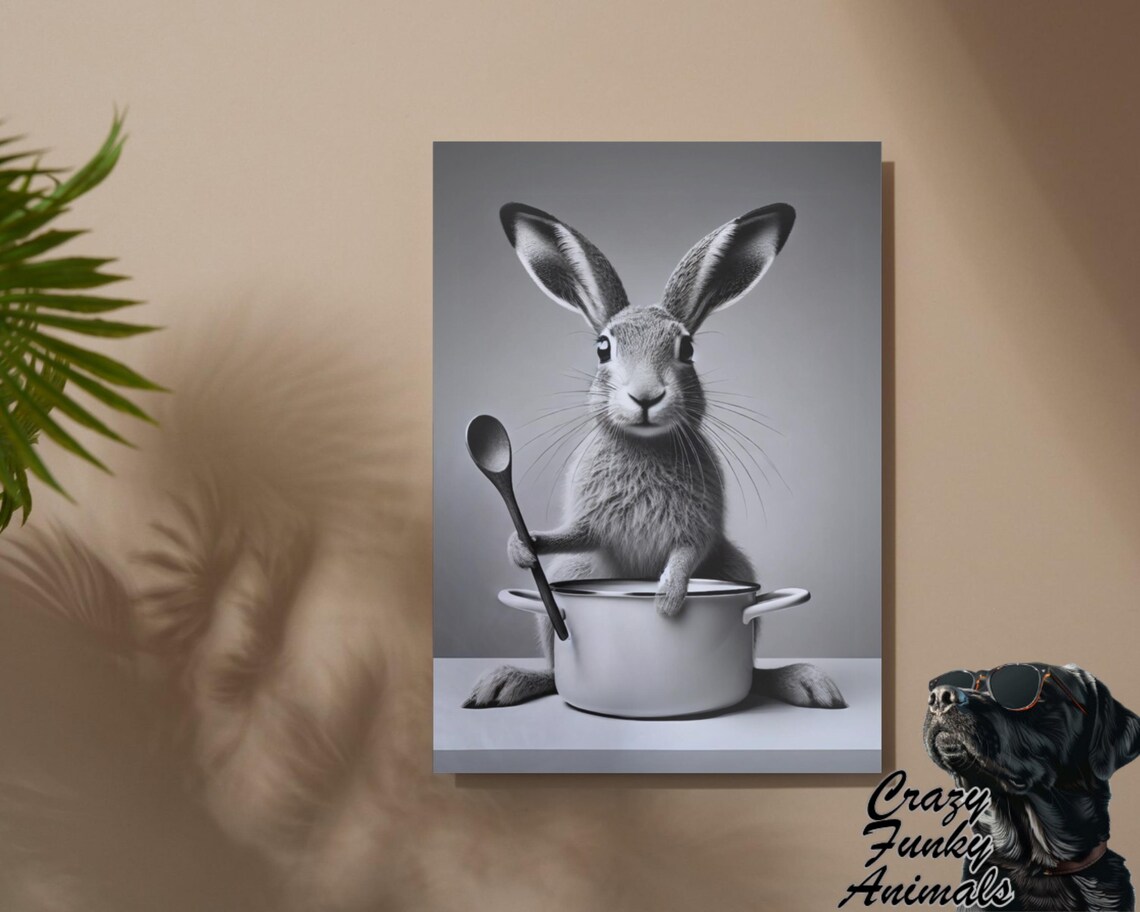 Rabbit Holding a Spoon over a Cooking Pot Funny Kitchen Black and White Poster - Image 2